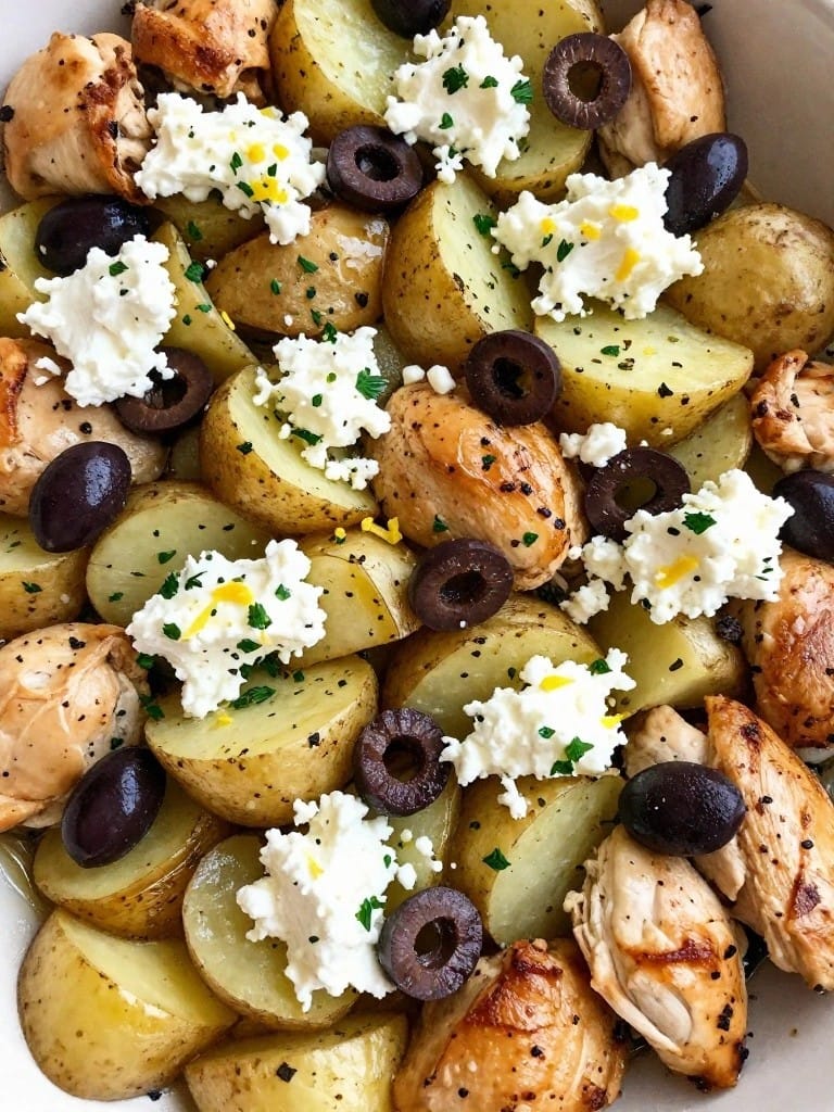 Lemon Herb Chicken Potato Casserole with Olives and Feta