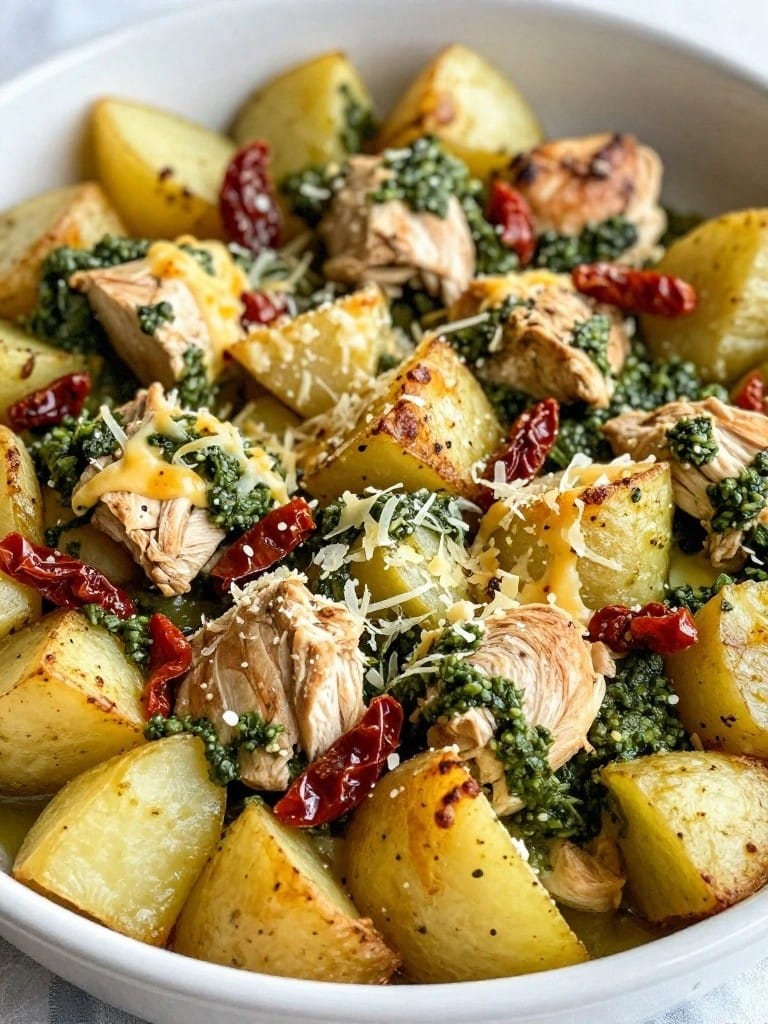 Pesto Chicken Potato Casserole with Sun-Dried Tomatoes