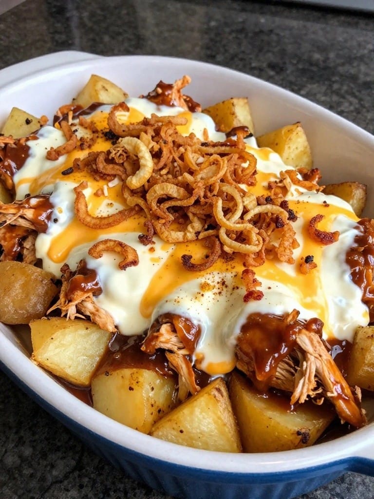 Smoky BBQ Chicken Potato Casserole with Crispy Onions