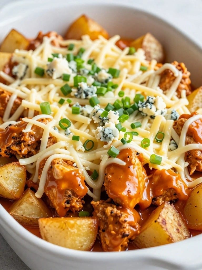 Spicy Buffalo Chicken Potato Casserole with Blue Cheese
