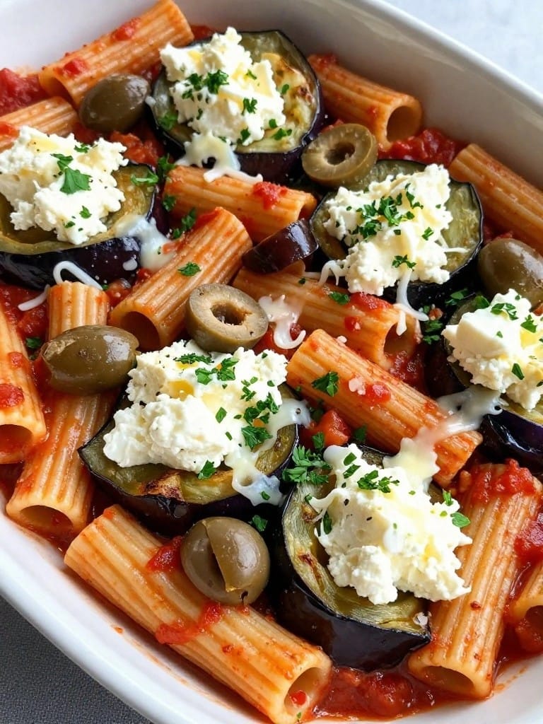 Mediterranean Eggplant and Feta Ziti Bake