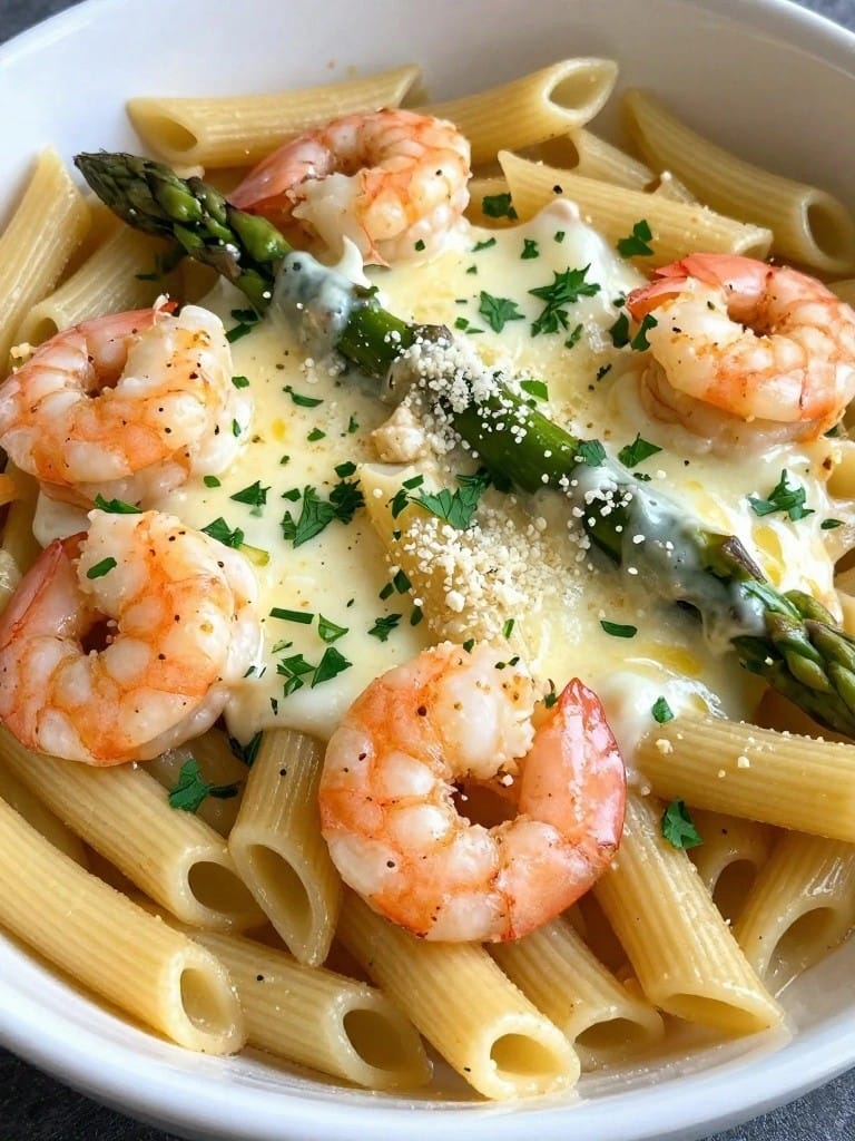 Shrimp Scampi and Asparagus Penne Bake
