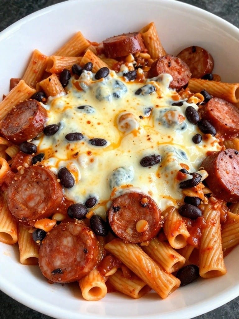 Spicy Chorizo and Black Bean Rigatoni Casserole