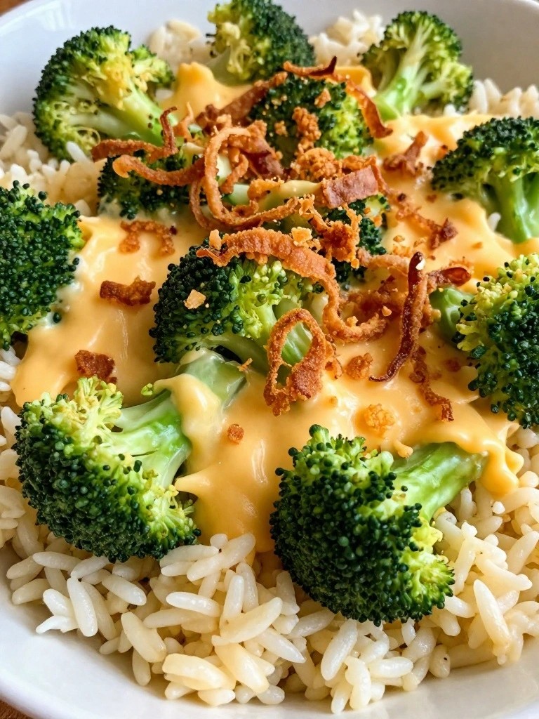 Broccoli Cheddar Rice Casserole with Crispy Onion Topping