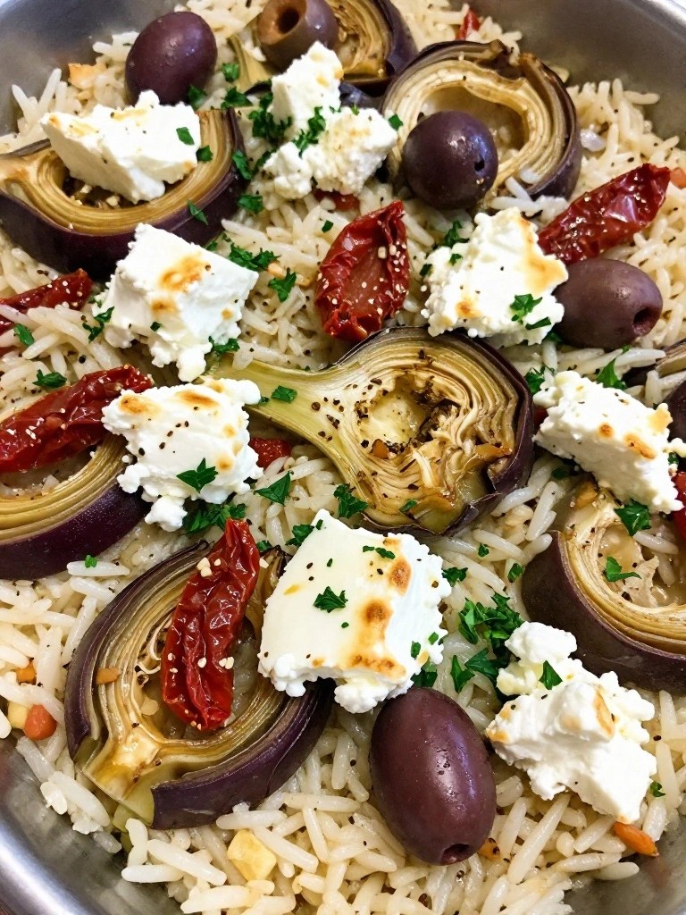 Greek-Style Artichoke Olive and Sun-Dried Tomato Rice Casserole