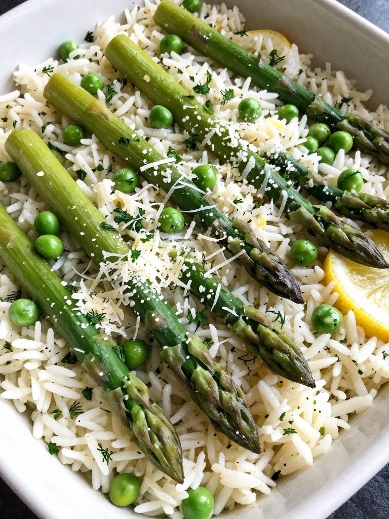 Lemon Asparagus and Pea Rice Casserole with Fresh Herbs