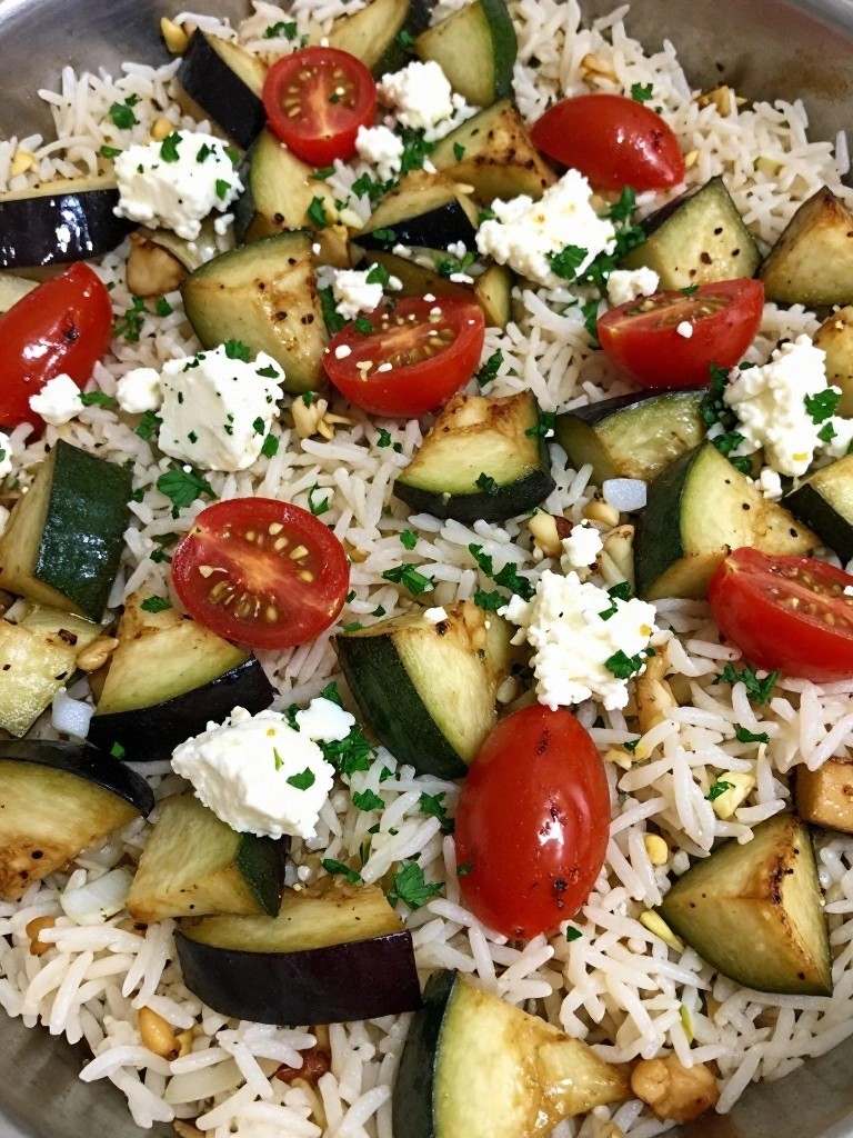 Mediterranean Eggplant Zucchini and Feta Rice Casserole