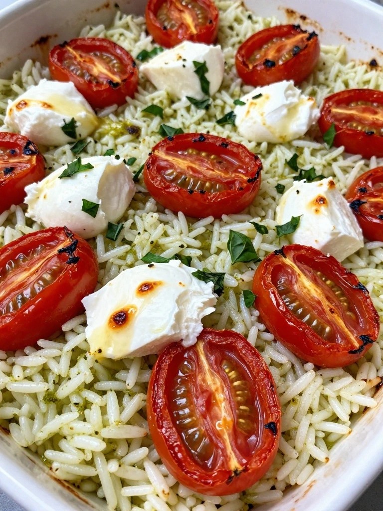 Pesto Roasted Tomato and Mozzarella Rice Casserole