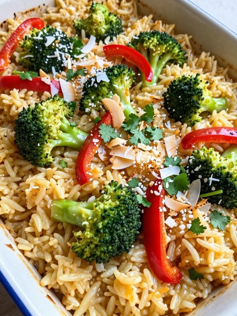 Thai Coconut Broccoli and Red Pepper Rice Casserole