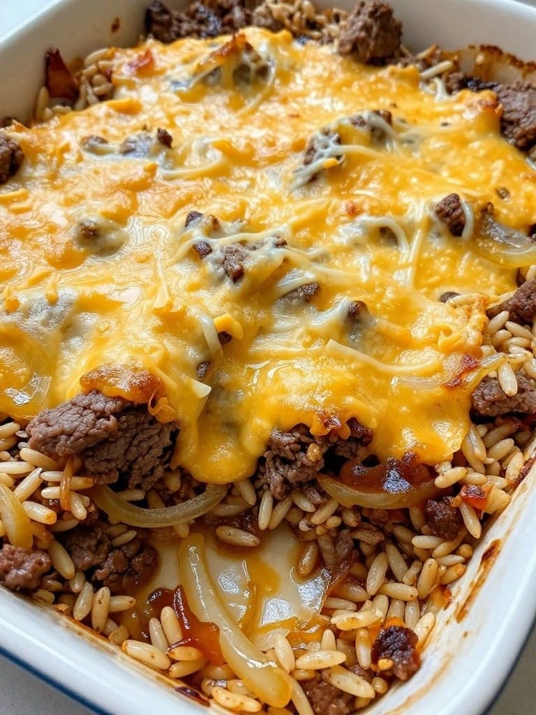 Beef and Caramelized Onion Wild Rice Casserole