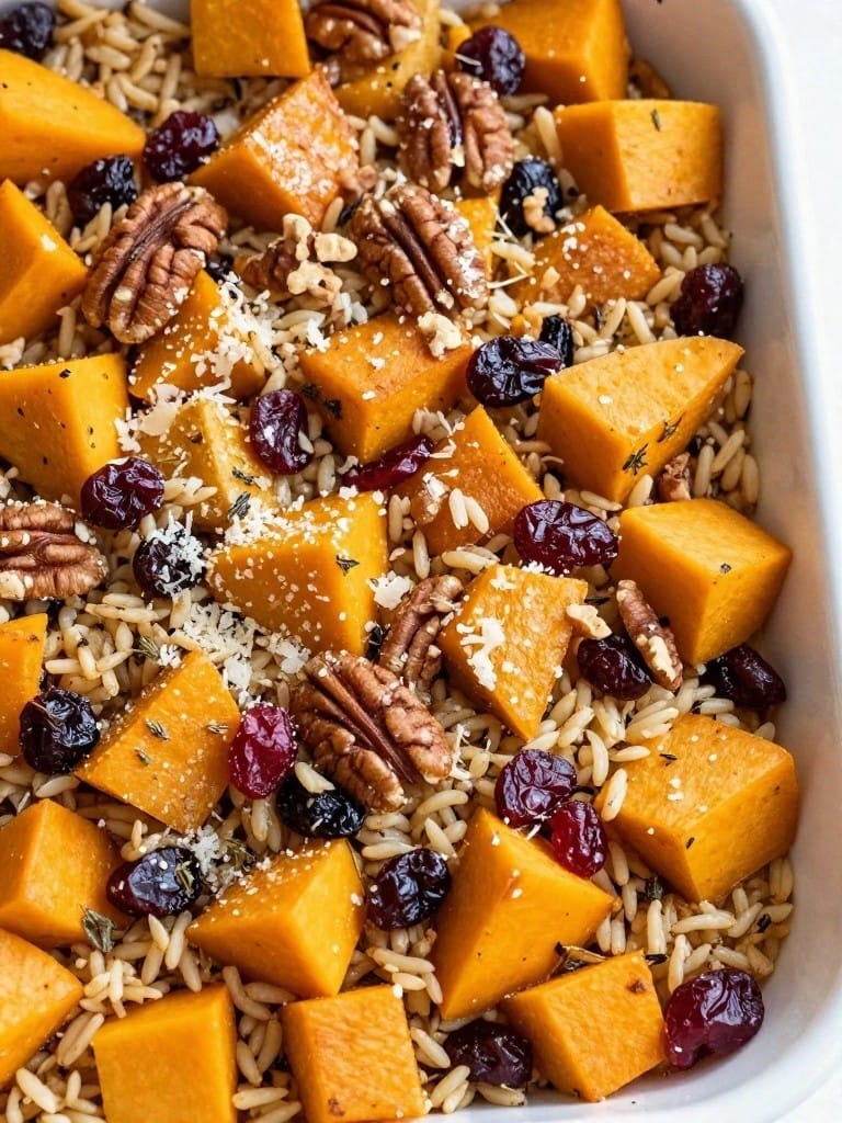 Butternut Squash and Cranberry Wild Rice Casserole with Pecans