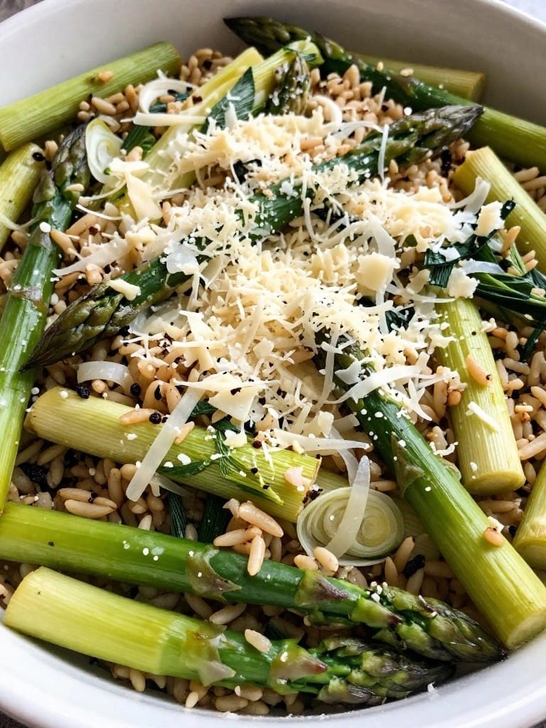 Leek and Asparagus Wild Rice Casserole with Parmesan