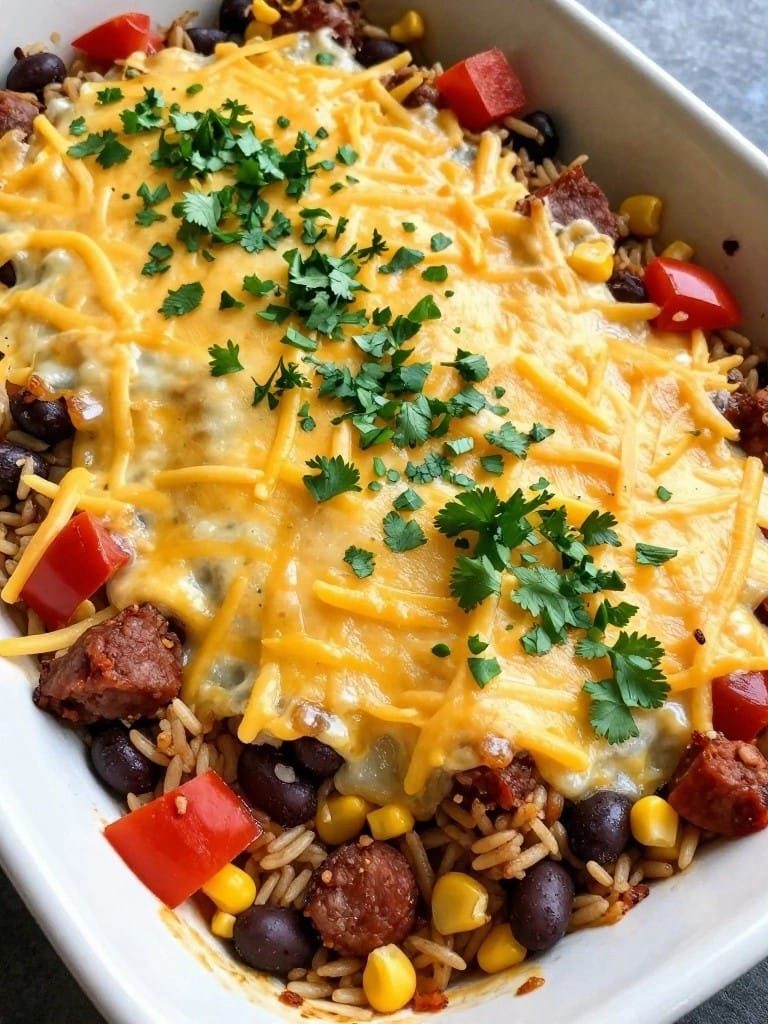 Southwest Chorizo and Black Bean Wild Rice Casserole
