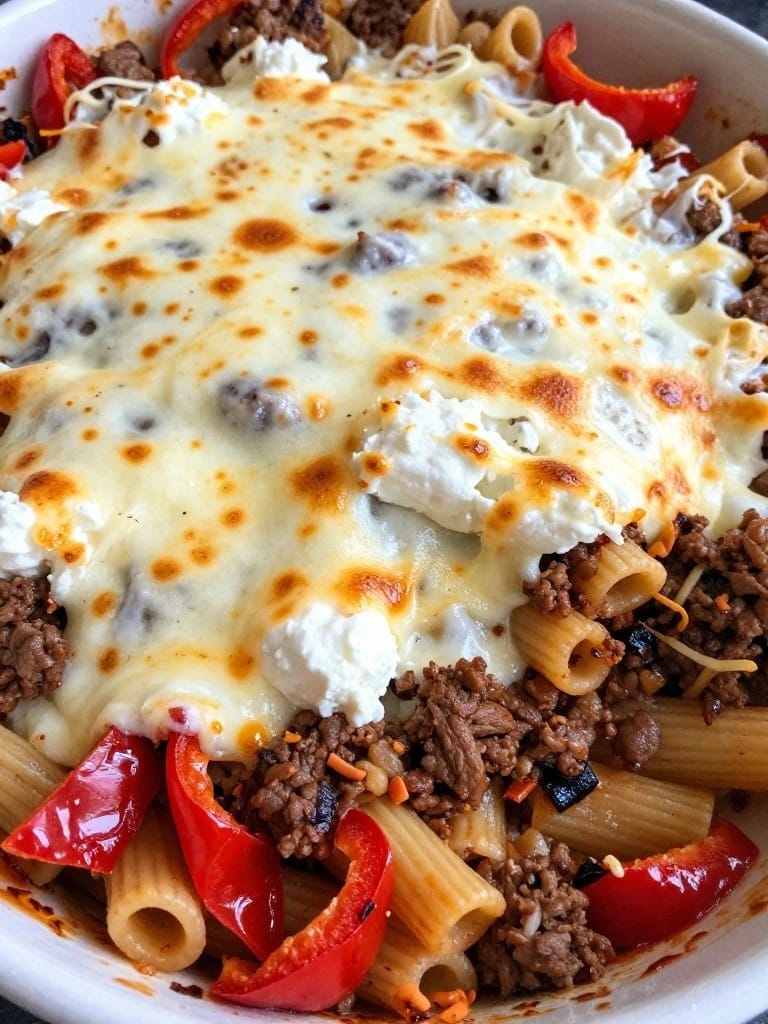 Baked Ziti with Ricotta Beef and Roasted Red Peppers