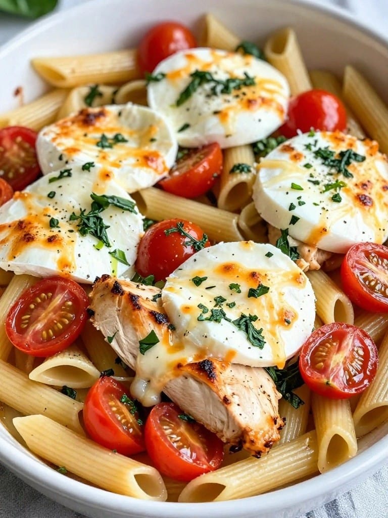Caprese Chicken Tomato Basil Mozzarella Pasta Casserole