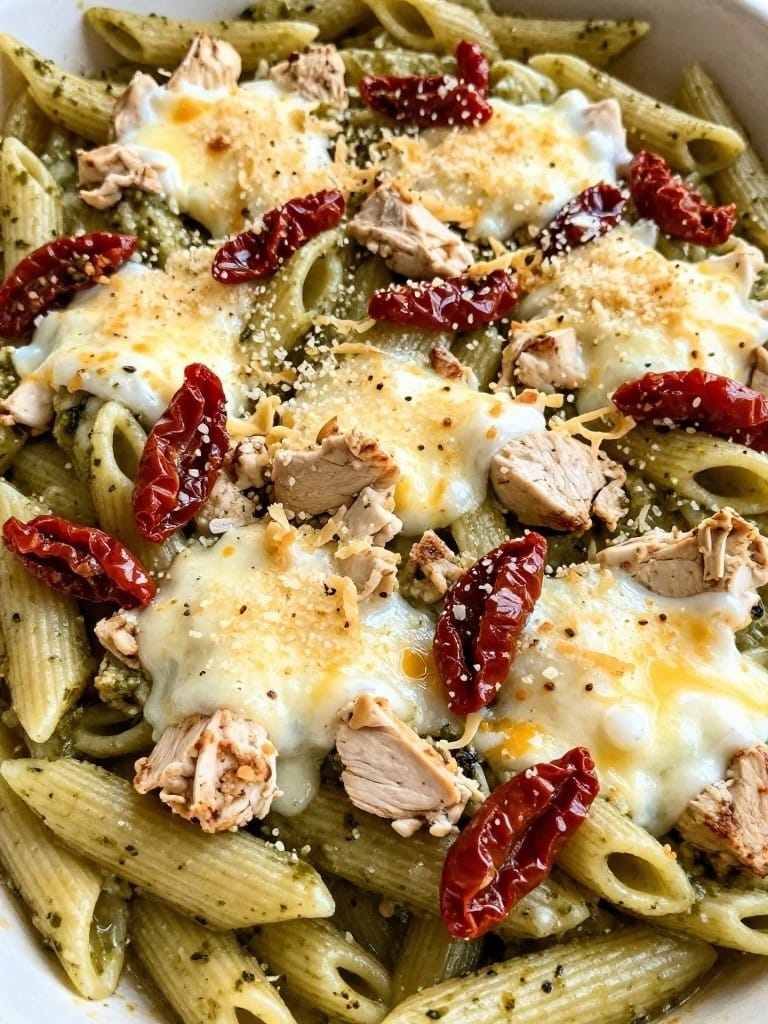 Creamy Pesto Chicken and Sun-Dried Tomato Pasta Bake