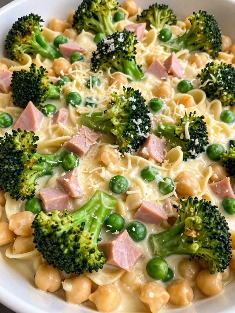 Ham Broccoli and Pea Alfredo Pasta Casserole