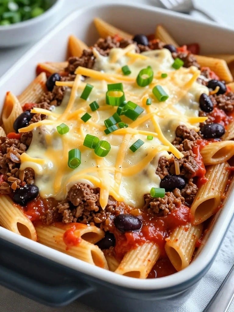 Spicy Beef Enchilada Pasta Casserole with Black Beans