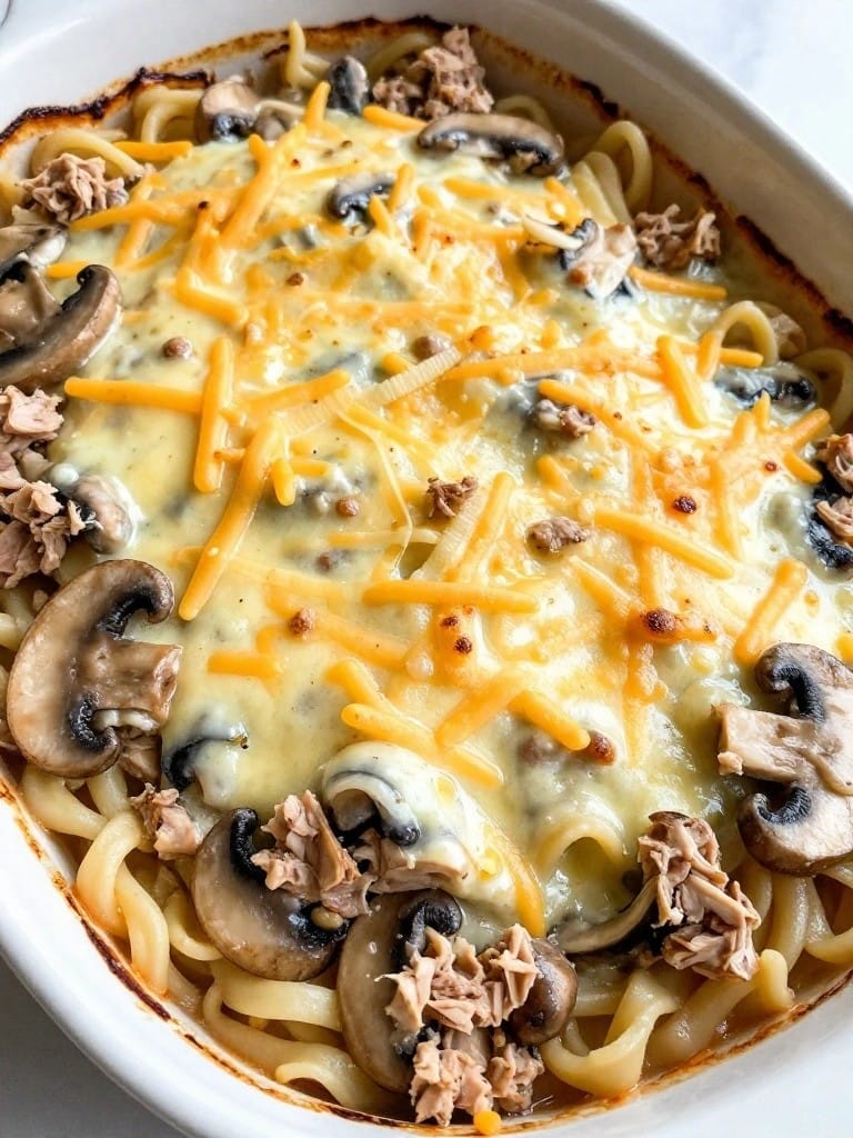 Tuna Noodle Casserole with Mushrooms and Cheddar