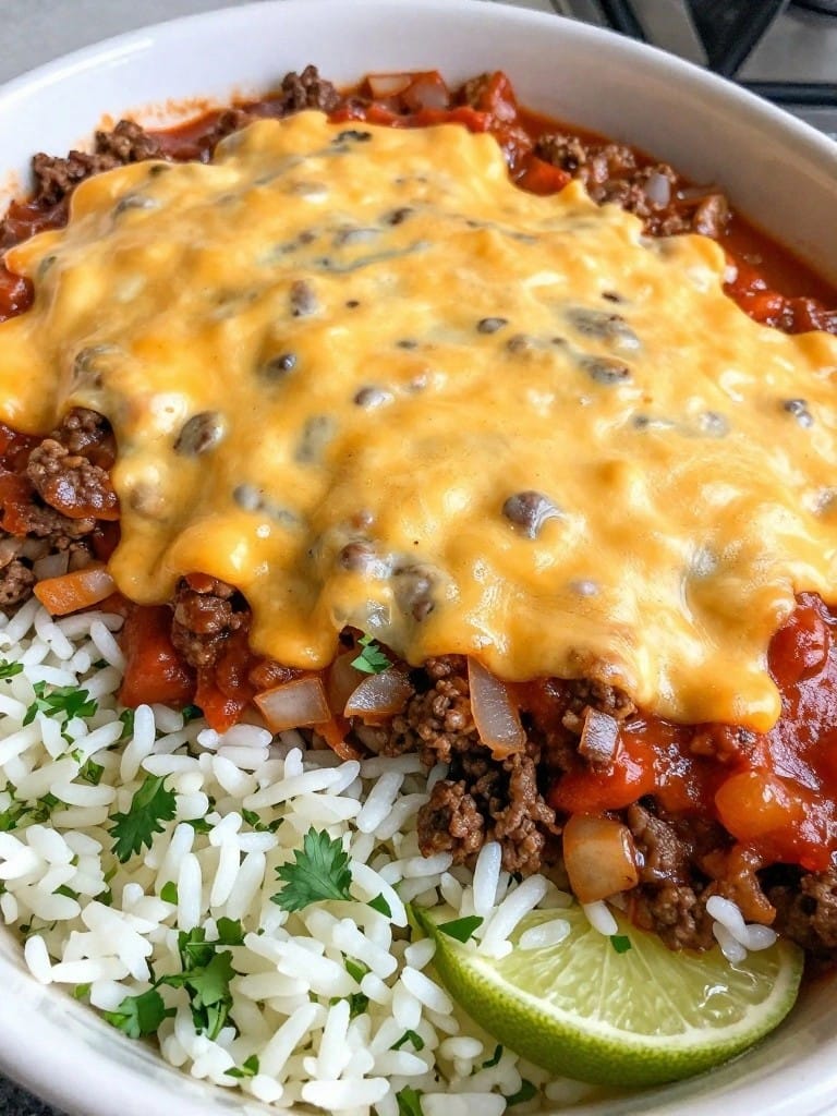 Beef Enchilada Casserole with Cilantro Lime Rice Base