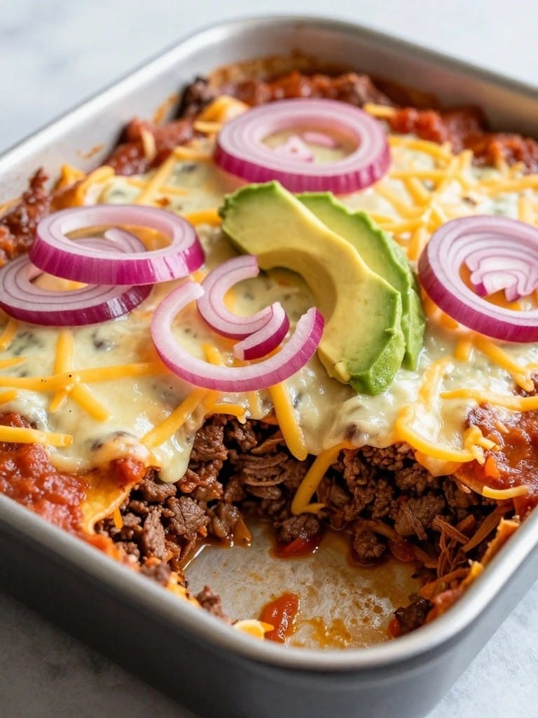 Beef Enchilada Casserole with Pickled Red Onions and Avocado Topping