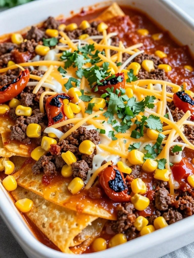 Beef Enchilada Casserole with Roasted Poblanos and Corn