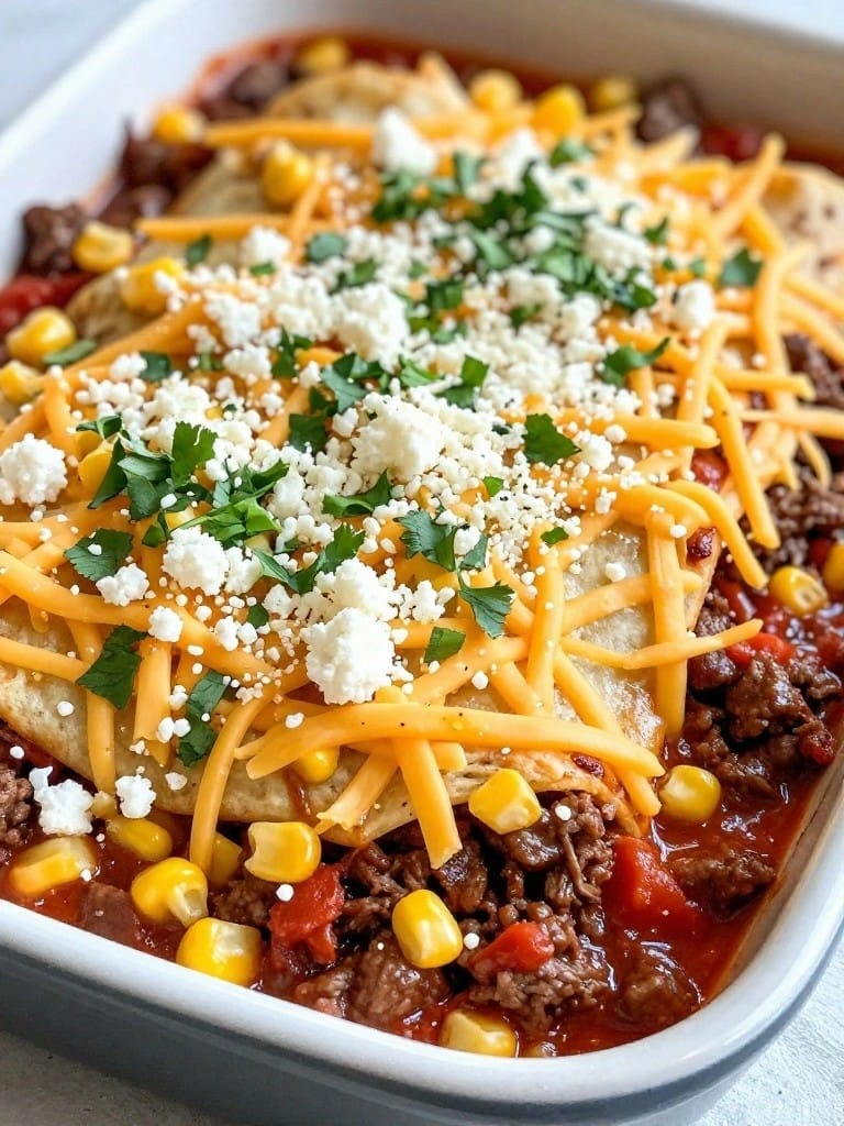 Smoky Beef Enchilada Casserole with Sweet Corn and Cotija