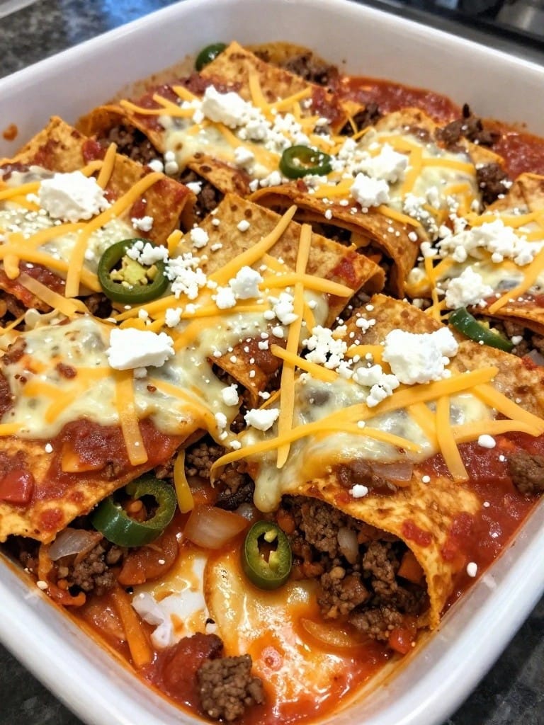 Spicy Jalapeño Beef Enchilada Casserole with Queso Fresco