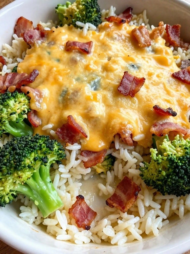 Bacon and Cheddar Loaded Cheesy Broccoli Rice Casserole