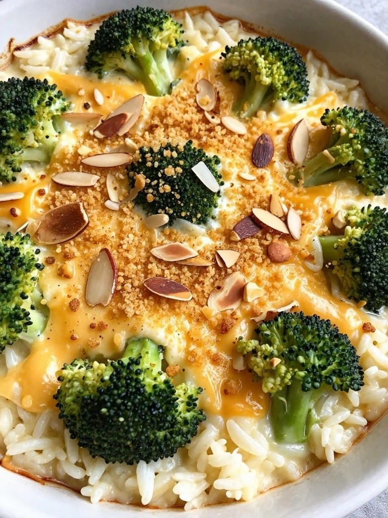 Crispy Breadcrumb and Almond Topped Cheesy Broccoli Rice Casserole