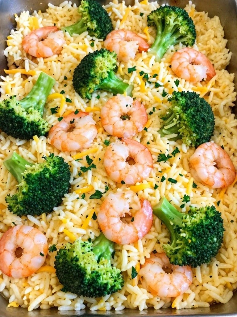 Garlic Shrimp and Lemon Herb Cheesy Broccoli Rice Casserole