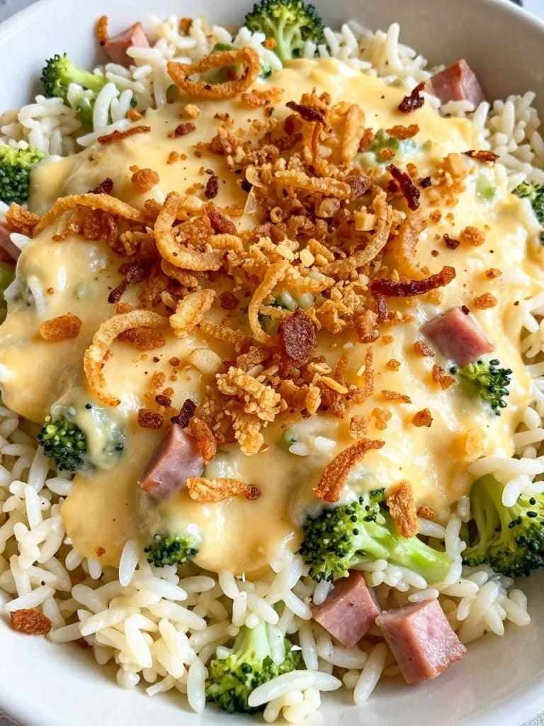 Ham and Swiss Cheesy Broccoli Rice Casserole with Crispy Onions