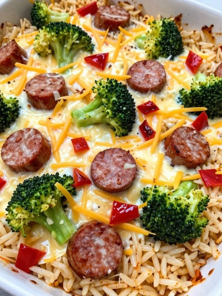 Italian Sausage and Roasted Red Pepper Cheesy Broccoli Rice Casserole