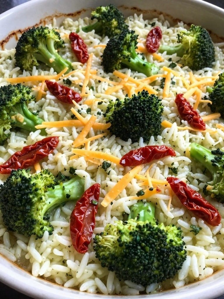 Pesto and Sun-Dried Tomato Cheesy Broccoli Rice Casserole