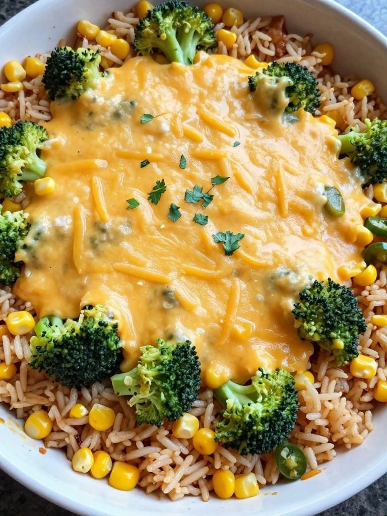 Tex-Mex Cheesy Broccoli Rice Casserole with Corn and Jalapeños