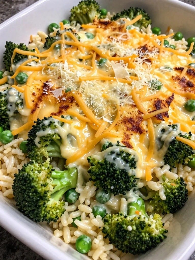 Three-Cheese Alfredo Cheesy Broccoli Rice Casserole with Peas