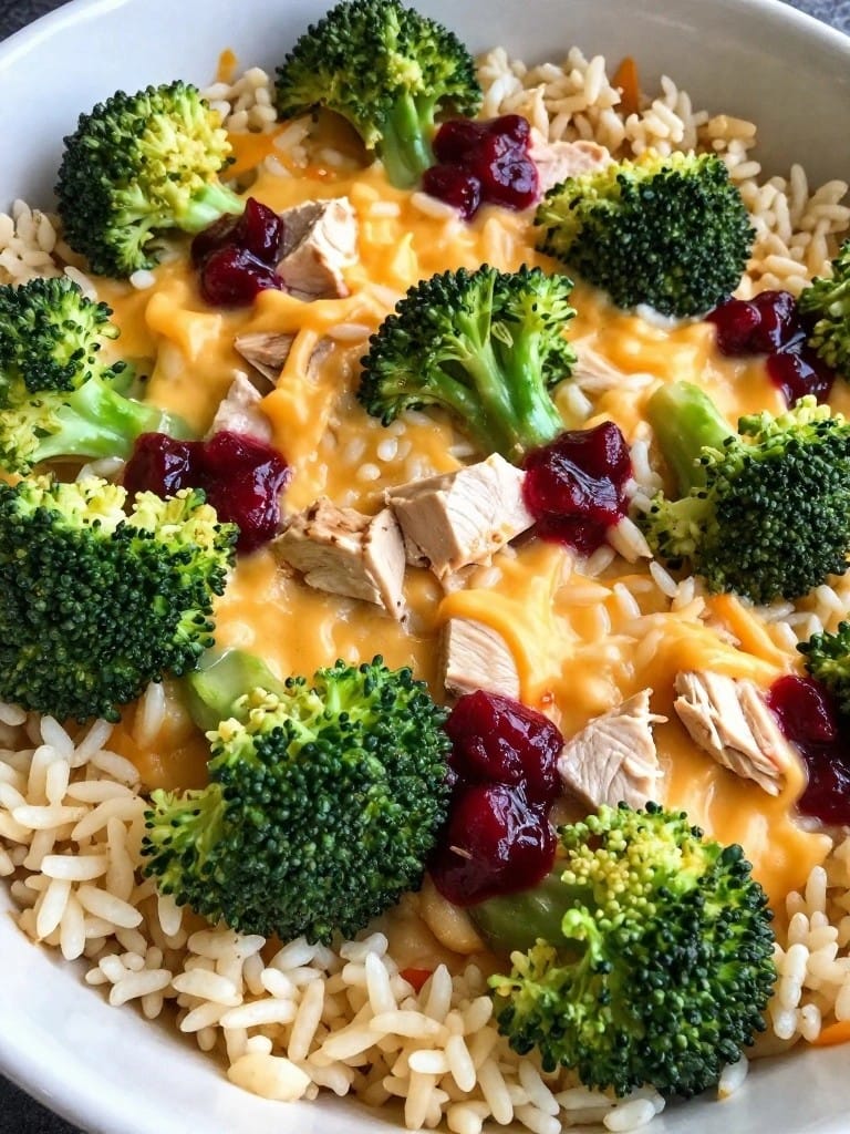 Turkey and Cranberry Cheesy Broccoli Rice Casserole