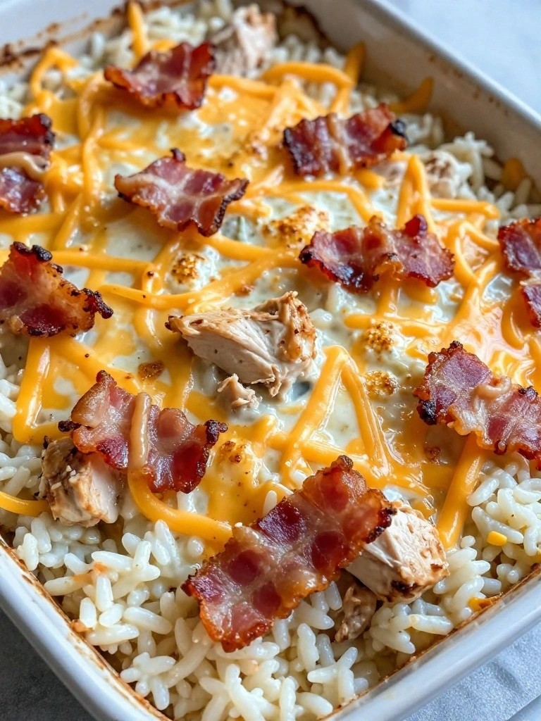 Bacon Ranch Chicken Rice Bake with Sharp Cheddar