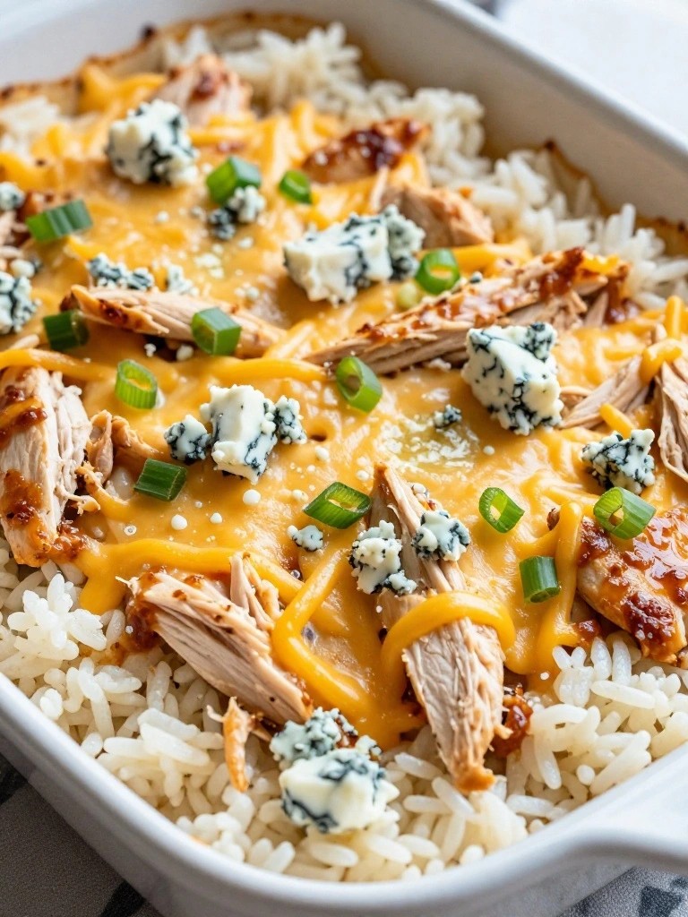 Buffalo Chicken Rice Bake with Blue Cheese Crumbles