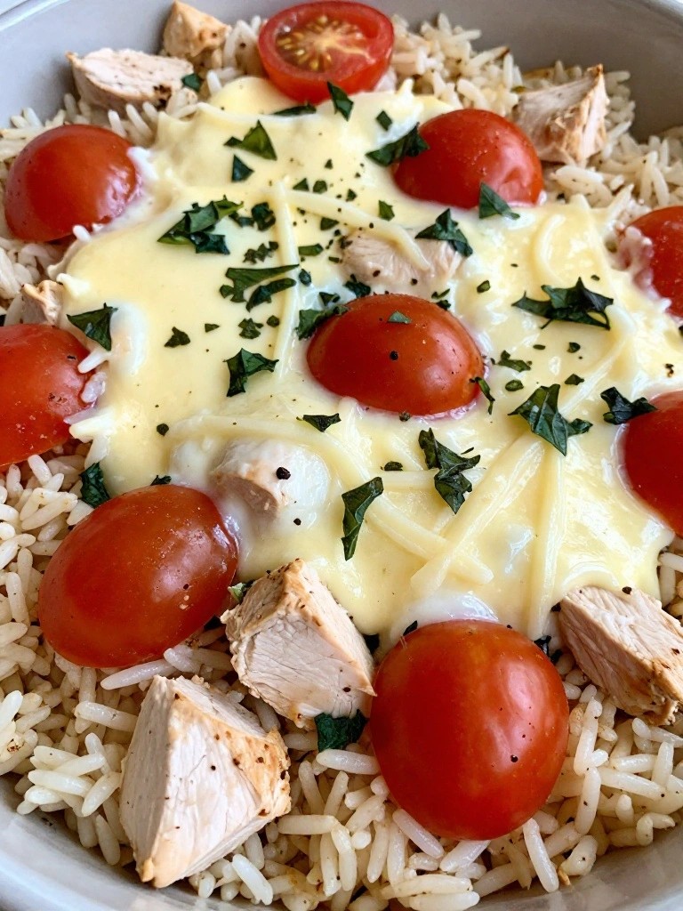 Caprese Chicken Rice Bake with Mozzarella and Basil