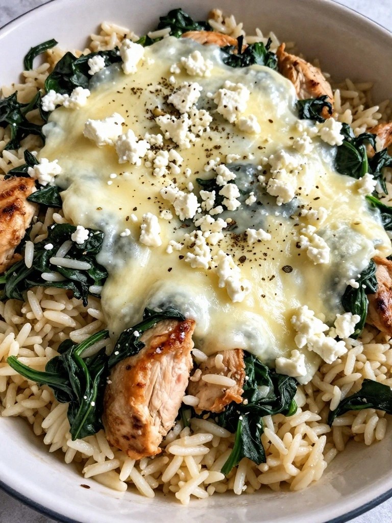Greek Spinach Feta Chicken Rice Bake