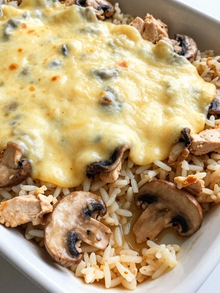 Wild Mushroom and Swiss Chicken Rice Bake