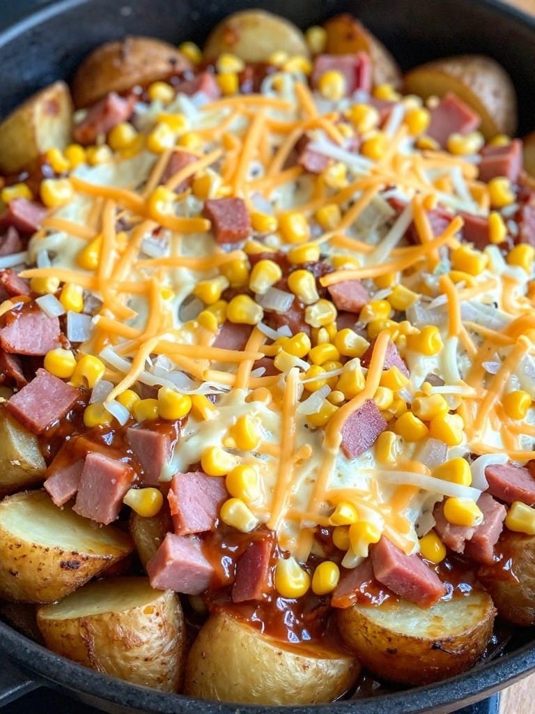 Barbecue-Style Ham and Potato Casserole with Corn