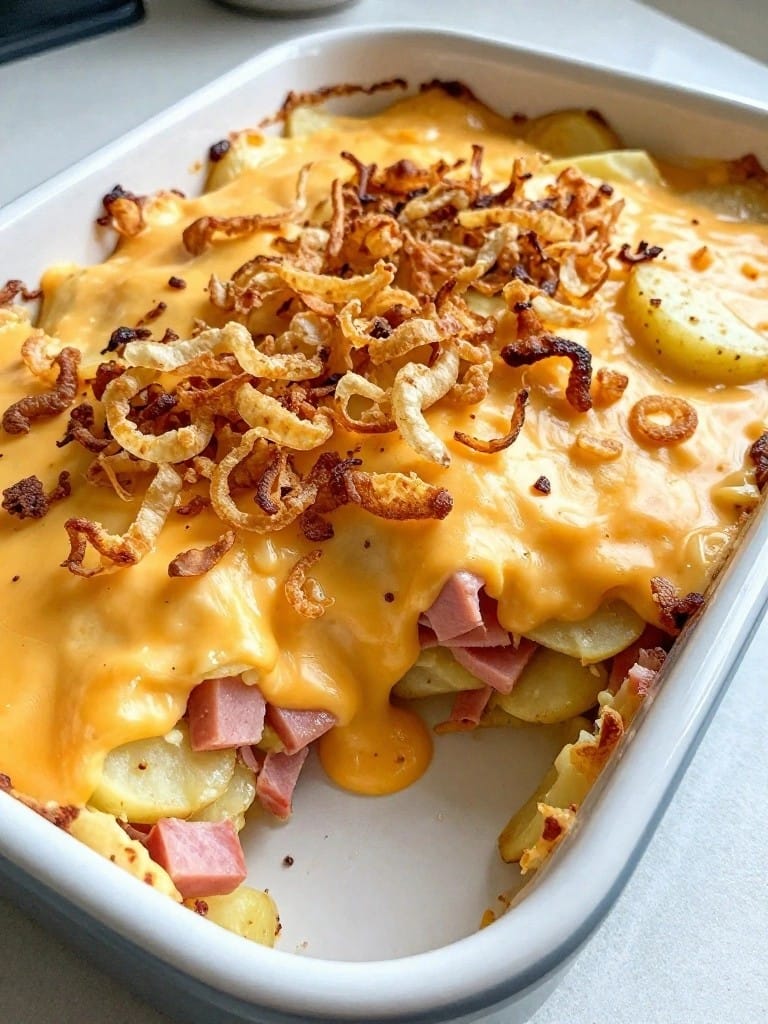 Creamy Cheddar Ham and Potato Casserole with Crispy Onion Topping