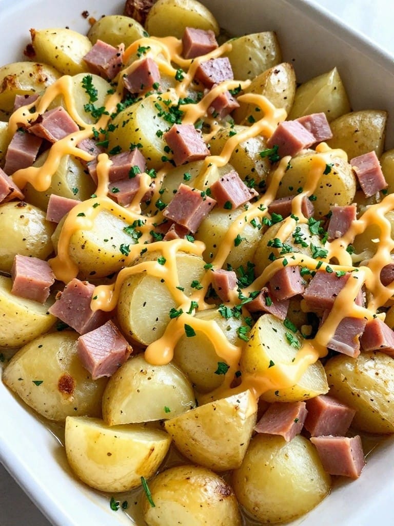Garlic Herb Ham and Potato Casserole with Swiss Cheese