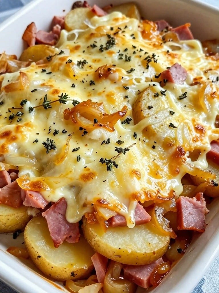 Ham and Potato Casserole with Caramelized Onions and Thyme