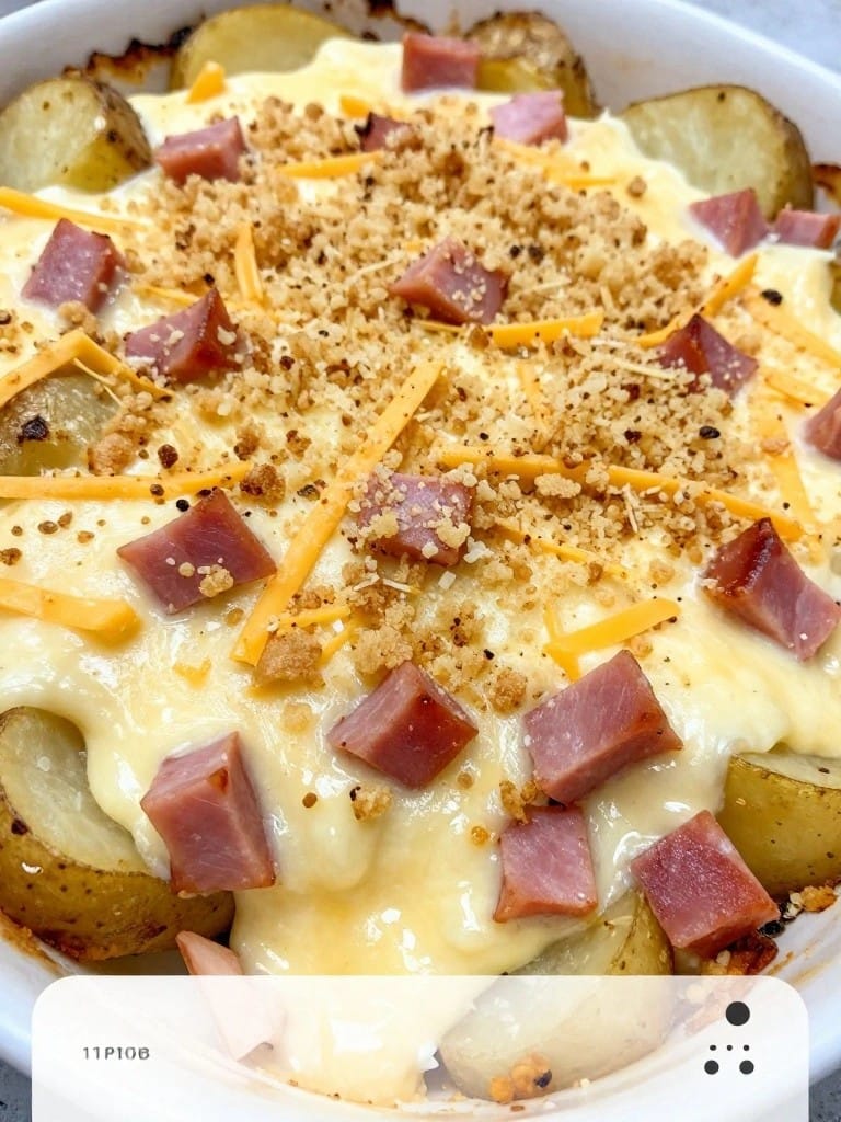 Three-Cheese Ham and Potato Casserole with Breadcrumb Topping
