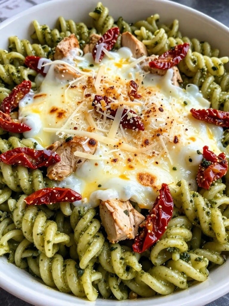 Basil Pesto Chicken and Sun-Dried Tomato Rotini Bake