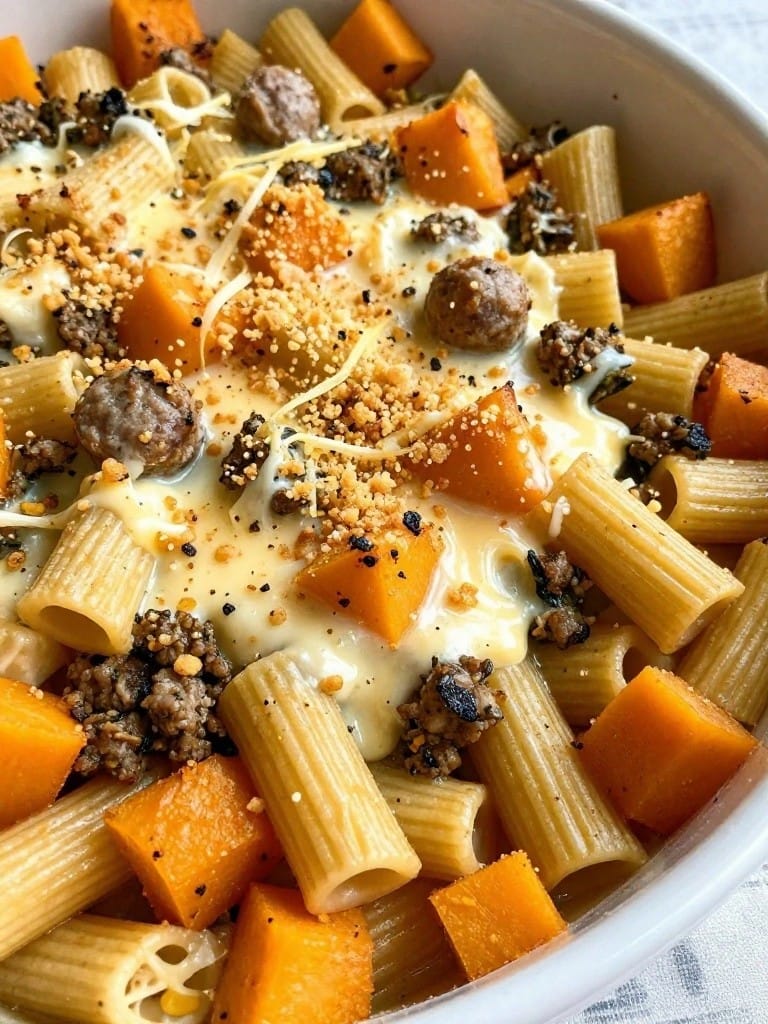 Roasted Butternut Squash and Sage Sausage Rigatoni Gratin