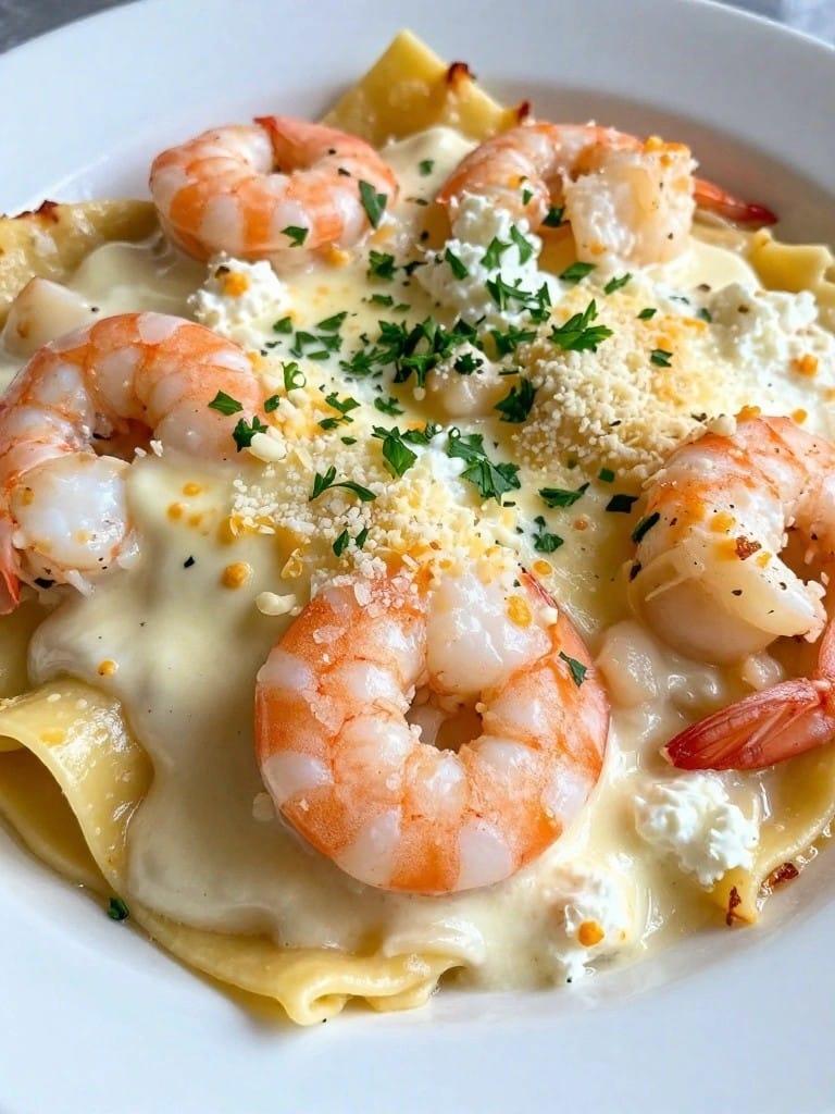 Seafood Alfredo Lasagna with Shrimp, Scallops, and Crab